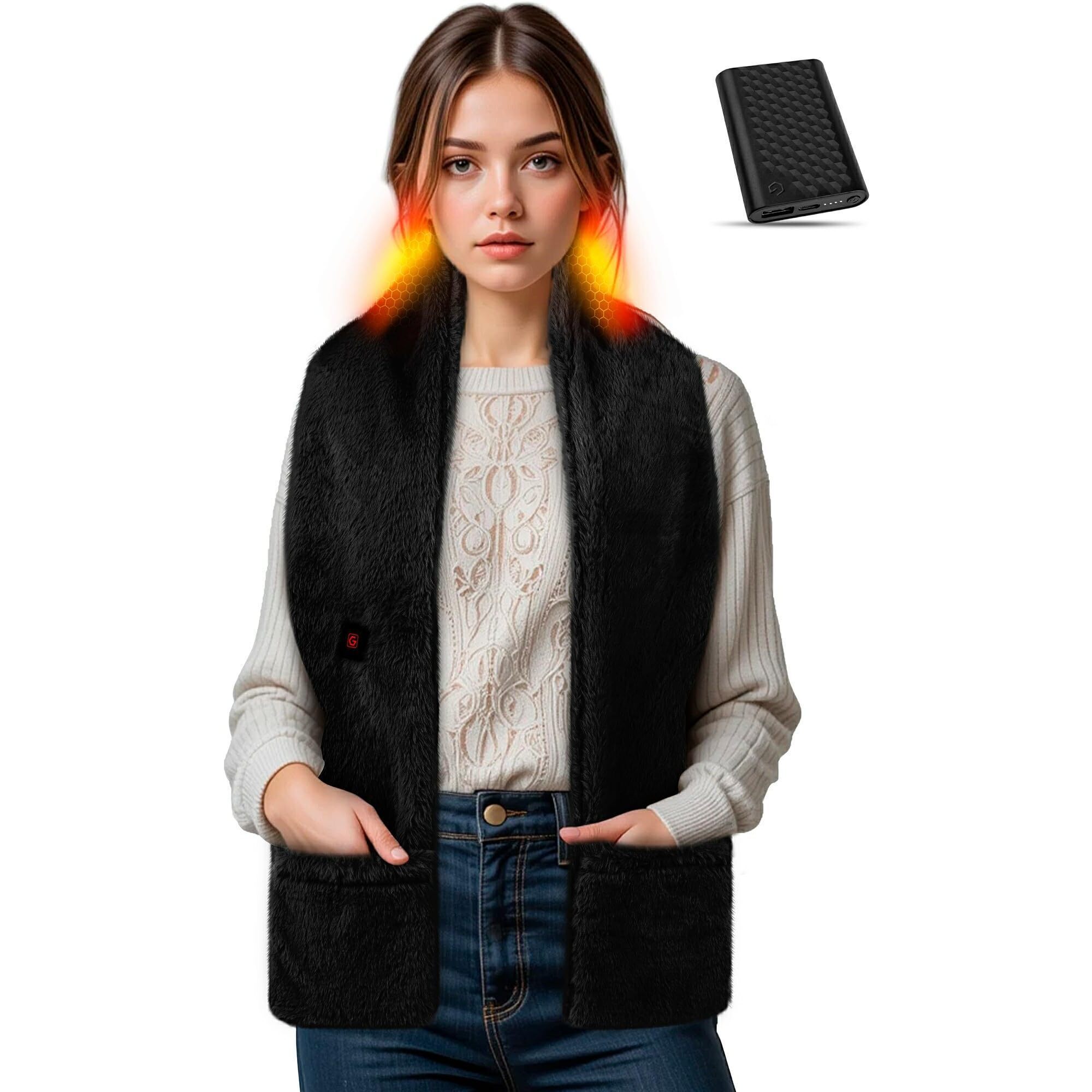 7779 Women Heated Fur Scarf With Pockets Rechargeable Battery Powered